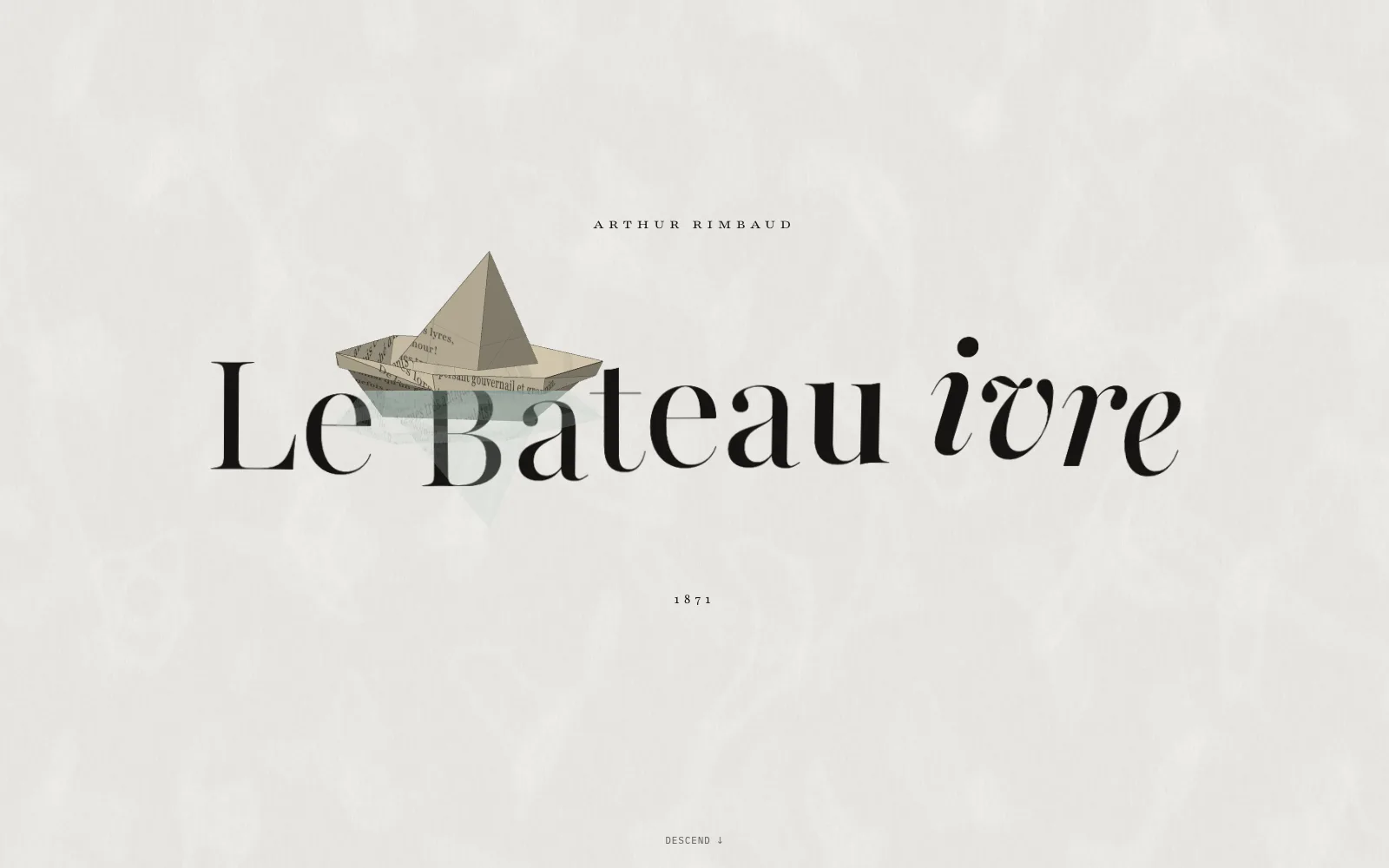 Title page: Le Bateau ivre, a paper boat on the line