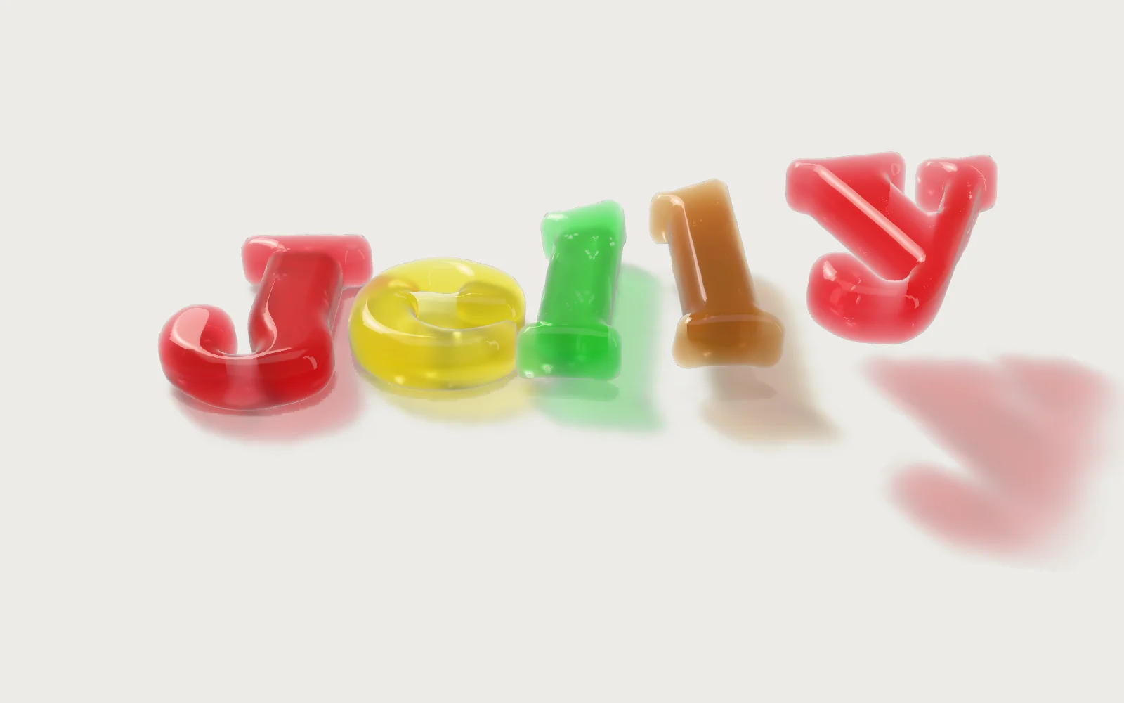 Jelly, typed: five gummy letters drop onto the studio sweep, the last still in the air
