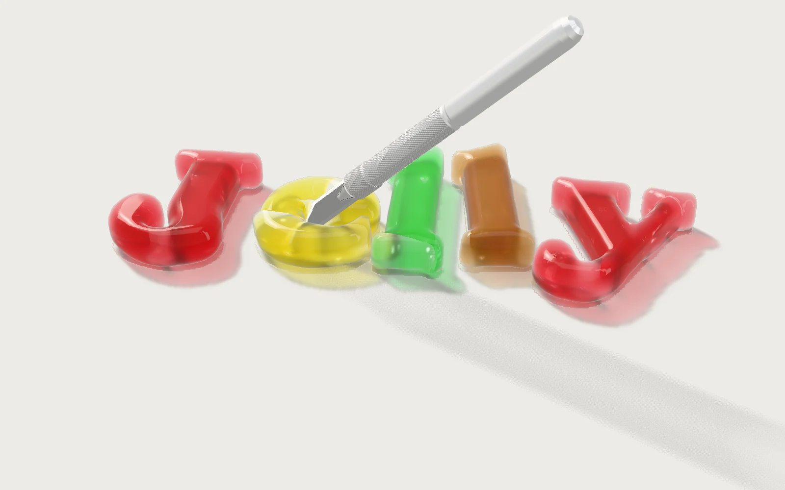 The scalpel draws across the e, handle leading, its blade inside the jelly